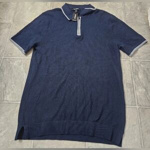 Express Navy Blue 1/4 Zip Collared Polo Shirt with Gray Accents Size Small New